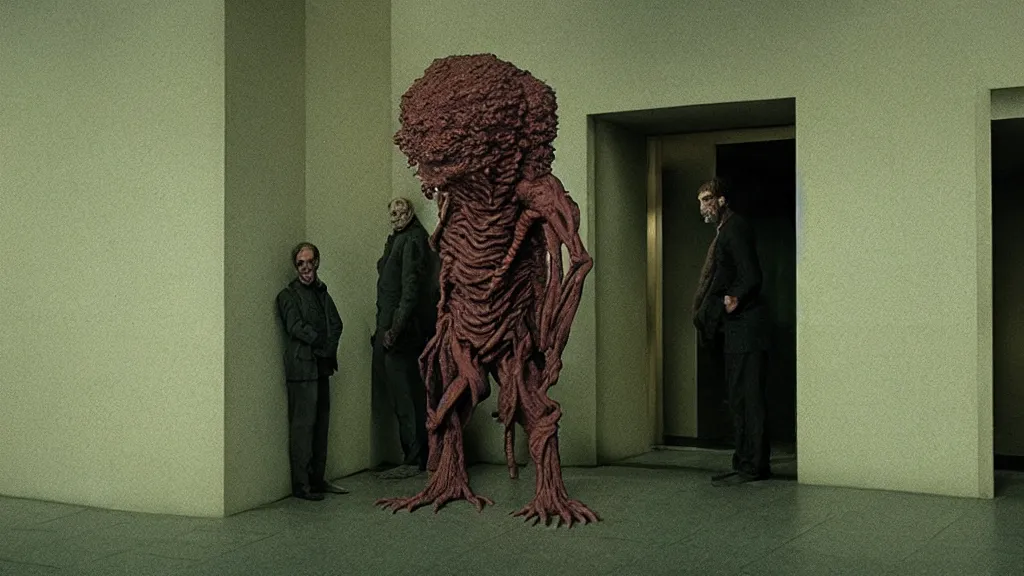 Prompt: the strange creature in line at the bank, made of wax and water, film still from the movie directed by Denis Villeneuve with art direction by Zdzisław Beksiński, wide lens