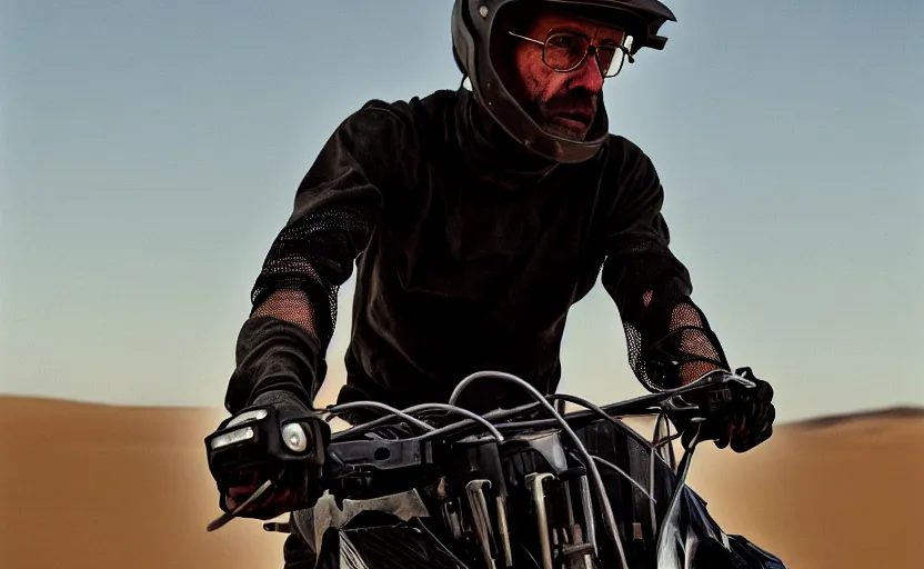 Image similar to cinestill 5 0 d candid photographic portrait by helen levitt of heisenberg wearing rugged black mesh techwear on a dirtbike through a desolate plain, extreme closeup, modern cyberpunk moody emotional cinematic, dust storm, 8 k, hd, high resolution, 3 5 mm, f / 3 2, ultra realistic faces, ex machina