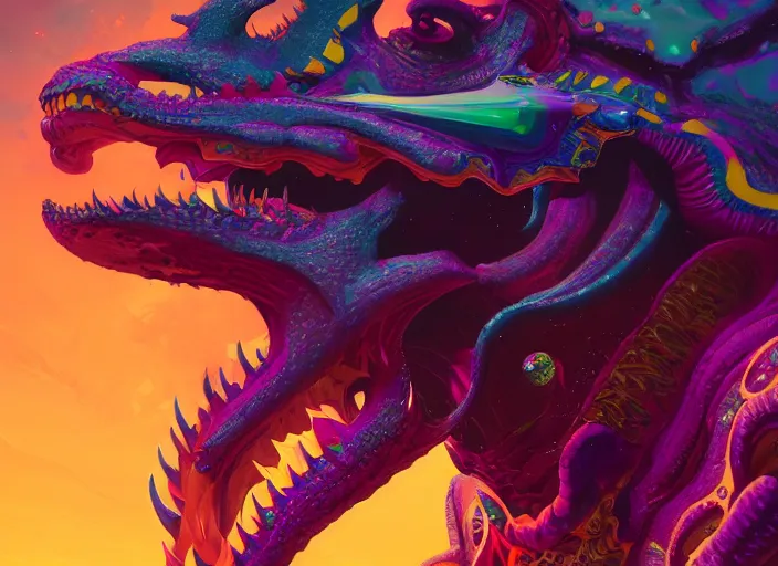 Prompt: A psychedelic portrait of barbatos tiamat , vibrant color scheme, highly detailed, in the style of romanticism, cinematic, artstation, Moebius, Greg rutkowski