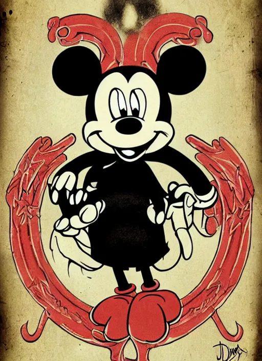 Image similar to Baphomet Mickey Mouse, poster artwork by Derek Riggs