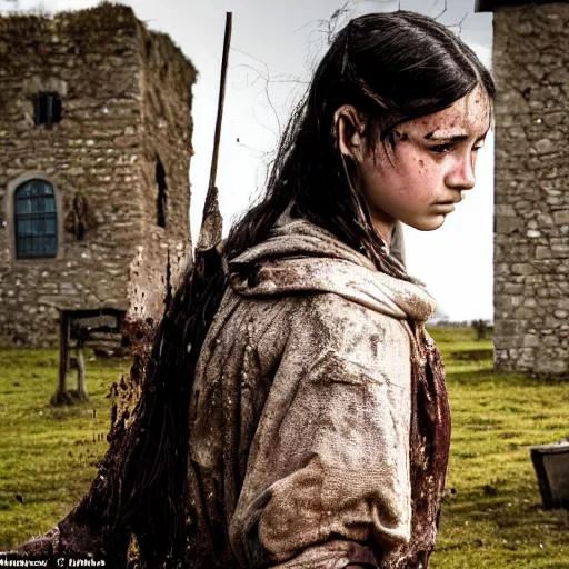 Prompt: a young girl of 1 5 years with black hair in a muddy medieval village square has raised her father from the dead to protect her from angry villagers