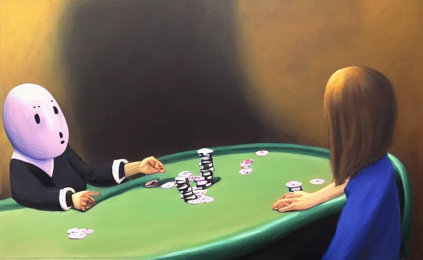 Image similar to no face from spirited away playing poker, oil painting