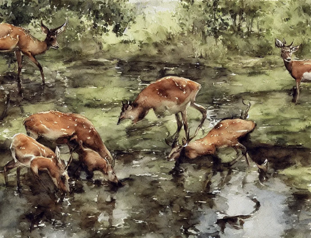 Image similar to watercolor by anders zorn, deer drinking water by pond, realistic nature art