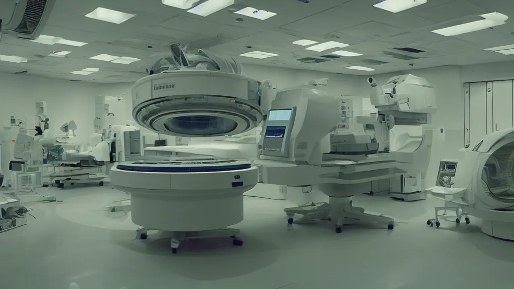 Image similar to a huge mri machine and control panels in the inspection room, film still from the movie directed by denis villeneuve with art direction by salvador dali, wide lens