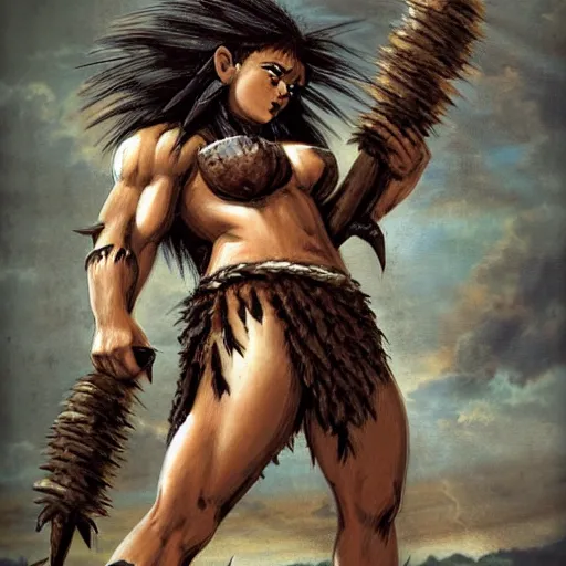 Image similar to Muscular savage barbarian warrior girl, wearing barbarian caveman pelt, cavewoman, wild spiky black Saiyan hair, tiger pelt, holding scimitar made of bone, battle-scarred, scars of battle, bloody, primeval fantasy, electricity, palm trees, pulp art, illustration, Frank Frazetta