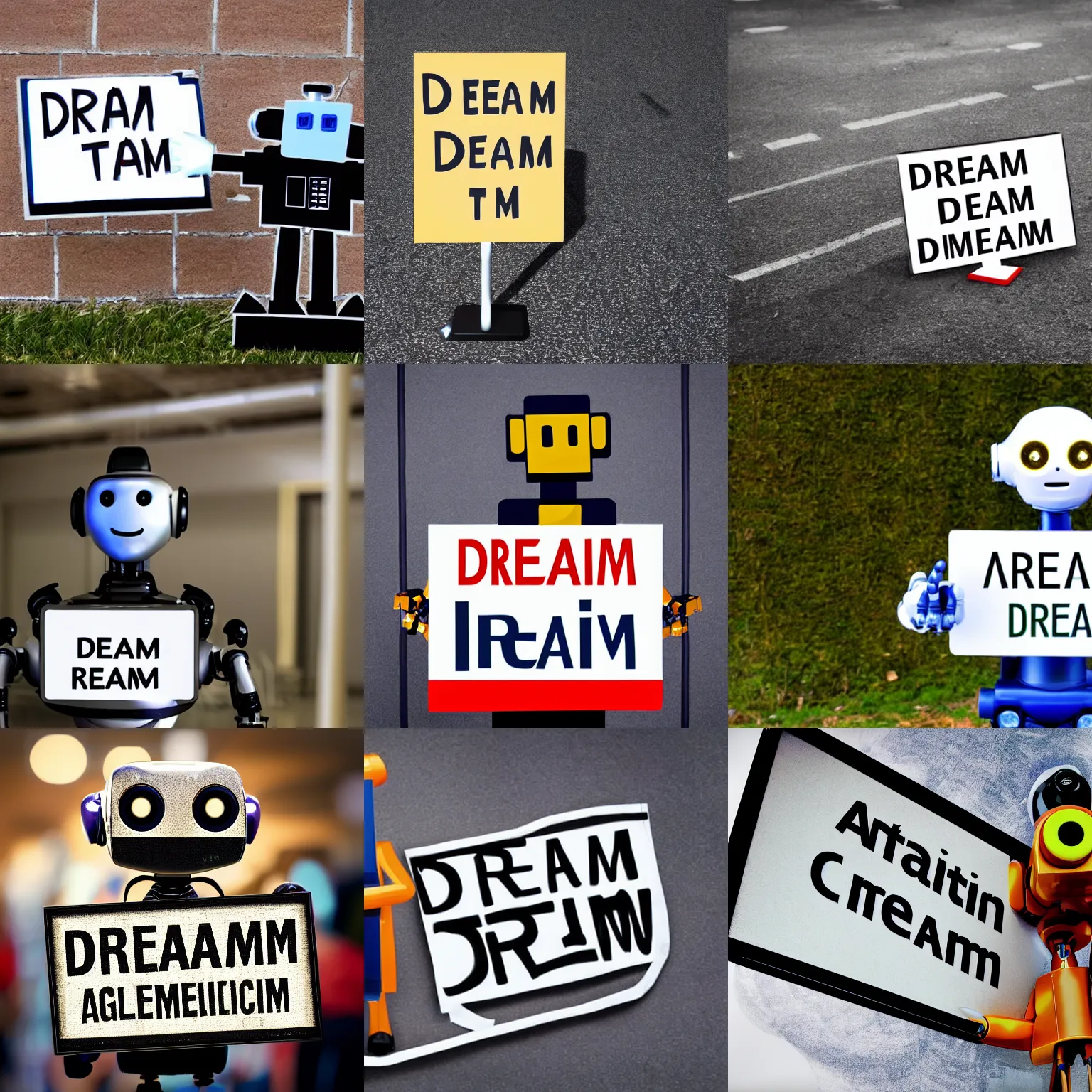 Prompt: photo of artificial intelligence robot holding a sign with text that reads : dream