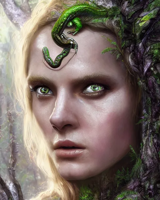 Image similar to portrait high definition photograph female fantasy character art, hyper realistic, pretty face, hyperrealism, iridescence water elemental, snake skin armor forest dryad, woody foliage, 8 k dop dof hdr fantasy character art, by aleski briclot and alexander'hollllow'fedosav and laura zalenga