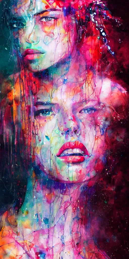 Prompt: adriana lima by agnes cecile enki bilal moebius, intricated details, sitting on a stool, full body portrait, extremely luminous bright design, pastel colours, drips, autumn lights