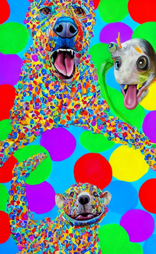 Image similar to a bright and colorful detailed photorealistic painting of a funny looking character. the character is making a silly face and the background is filled with happy looking animals. high quality. hq hd 4 k. award winning. trending on artstation