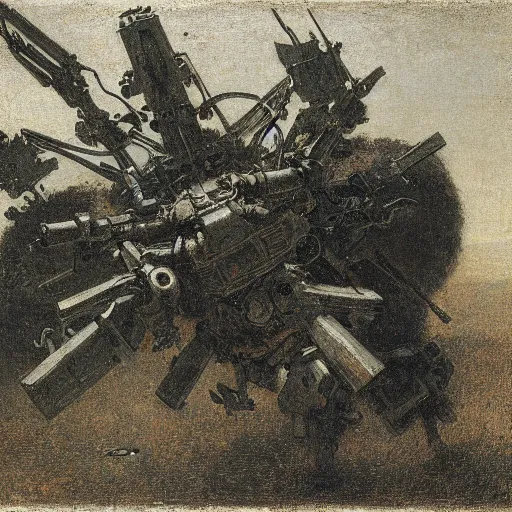 Image similar to Still life of a combat mech surrounded by its weapons, by Henri Fantin-Latour