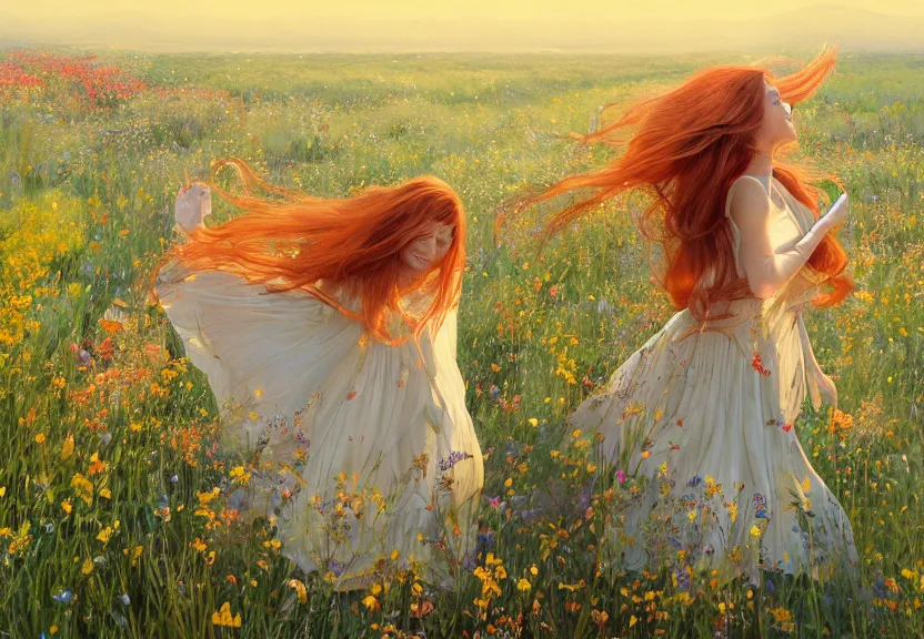 Image similar to a happy woman with copper hair and a flowing yellow sundress dancing in a field of wildflowers, with cute - fine - face, pretty face, realistic shaded perfect face, fine details by realistic shaded lighting poster by ilya kuvshinov katsuhiro otomo, magali villeneuve, artgerm, jeremy lipkin and michael garmash and rob rey