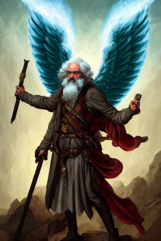 Image similar to character portrait karl marx as an aasimar angel buff wild magic barbarian with a third eye on the forehead and body warpaint, dungeons and dragons cover artwork, dynamic composition, dramatic lighting, trending on artstation, award winning art, stylized painting by sophie anderson, leonardo da vinci and raphael, concept art, 4 k, 8 k, gold and teal color scheme