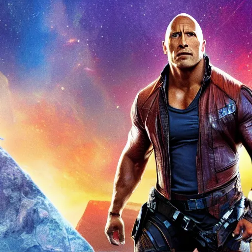 Prompt: the rock dwayne johnson played starlord in guardians of the galaxy