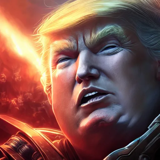 Prompt: Portrait of Trump, League of Legends amazing splashscreen artwork, Gears of War, splash art,natural light, elegant, photorealistic facial features, intricate, fantasy, detailed face, atmospheric lighting, anamorphic lens flare, cinematic lighting, league of legends splash art, hd wallpaper, ultra high details by Greg rutkowski