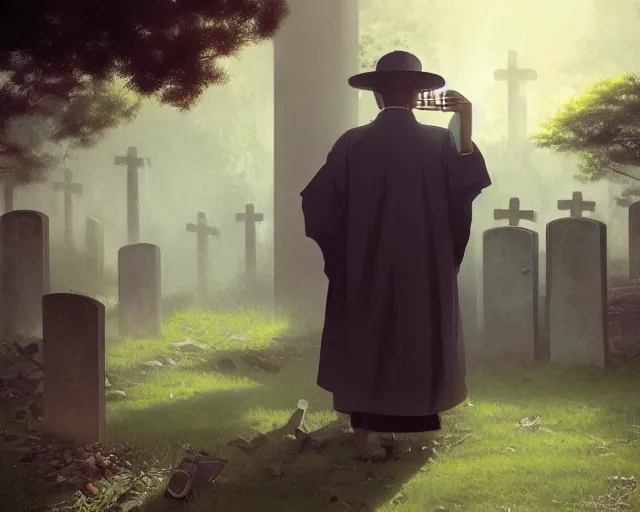 Image similar to a 50 year old brunnete chinese man Standing at a funeral in a cemetery next to the grim reaper, horror scene, dramatic, anime art, Greg Rutkowski, studio ghibli, dramatic lighting