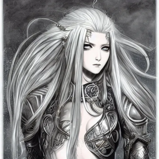 Image similar to a drawing of a woman with long white hair, wearing ornate armor, a character portrait by yoshitaka amano, featured on pixiv, fantasy art, official art, androgynous, anime