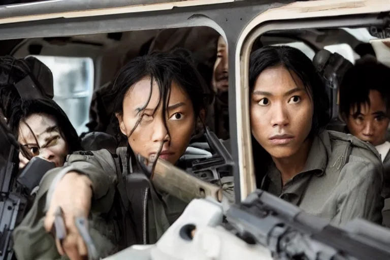 Image similar to movie diverse interracial team of Japanese robbers armed with rifles interior clean futuristic tactical van, beautiful skin, Symmetrical faces. natural lighting by Emmanuel Lubezki