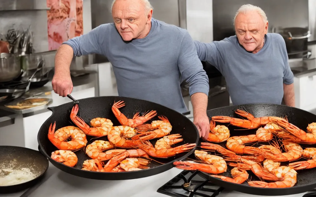 Image similar to anthony hopkins cooking king prawns in a large photo realistic pan