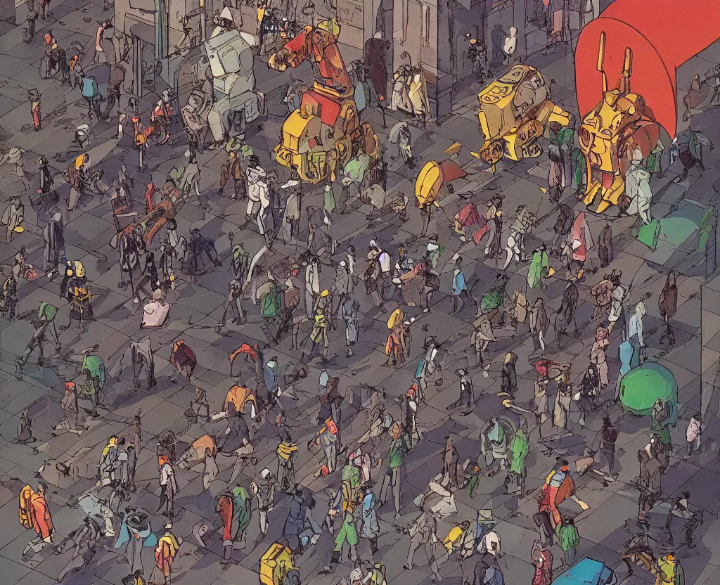 Prompt: a faceless mob chasing a giant robot along a glass and steel street as by moebius, saturated color scheme