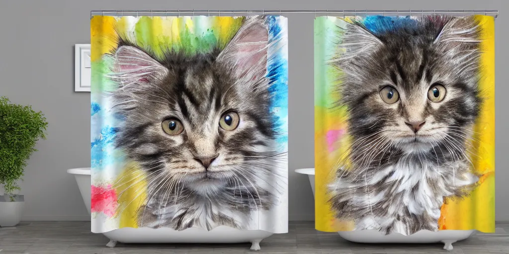 Image similar to shower curtain product catalog. on the curtain is a watercolor with ink under drawing of one maine coon kitten with its toy. wide - angle product photography, product lighting. 4 k, highly detailed. saturated.