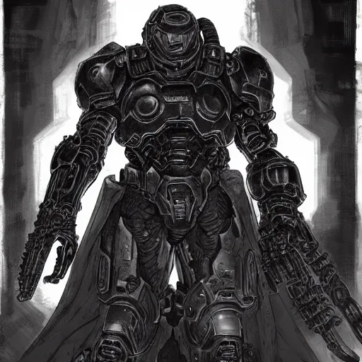 Image similar to doom slayer, pre renaissance art, tsutomu nihei art,