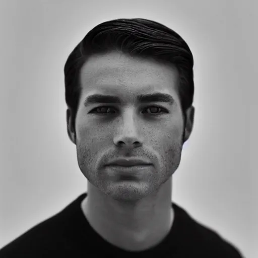 Prompt: A large-format portrait of a handsome man behind a white backdrop, spot-lighting, depth of field, high contrast, black and white, grainy