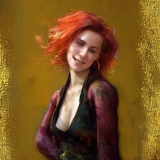 Image similar to Highly detailed painting of a beautiful young woman with red hair, smiling by Craig Mullins, Fabric texture, gold details, gemstone insets, Golden thread, golden details, emeralds, intricate details, intricate patterns 4k, 8k, HDR