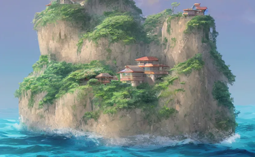 Image similar to a house on a cliff over an ocean, one small boat, dangerous cliffside, trees. matte painting, Makoto Shinkai, anime, trending on ArtStation, digital art.