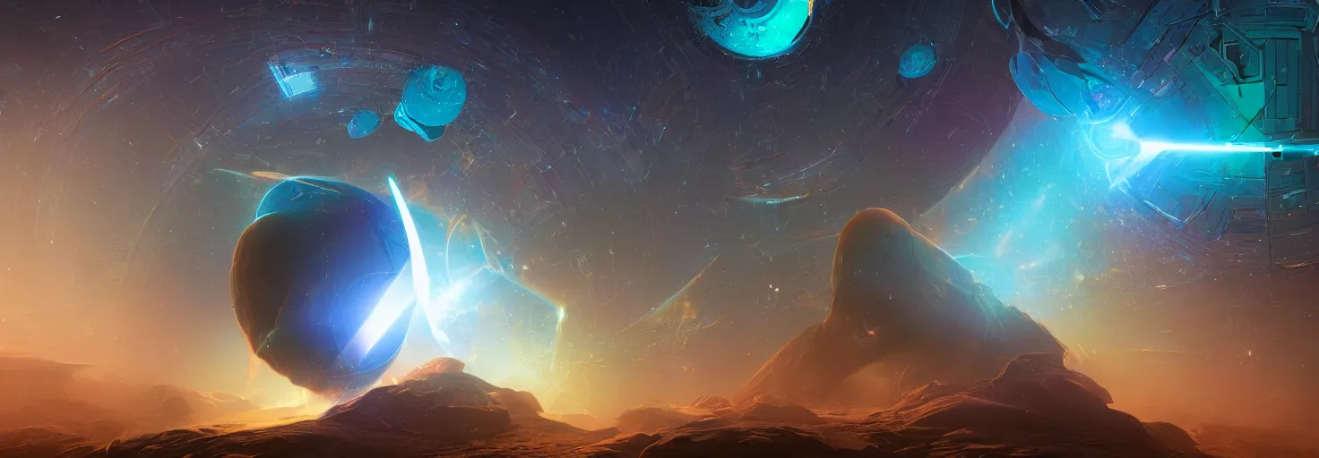 Image similar to an awe - inspiring digital art painting a mind - exploding into the cosmos, mashup digital art in the styles of beeple and jean giraud, conceptual, abstract geometrical shapes, masterful, rendered in unreal engine, lens flare, bokeh