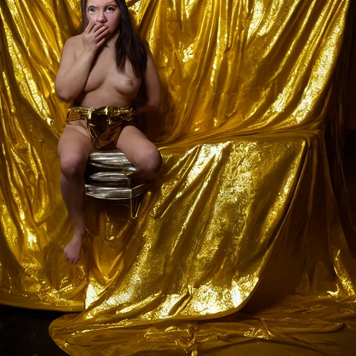 Prompt: a color photograph, closeup portrait of a woman wrapped in a gold mylar foil blanket, sitting on a throne in an abandoned coffee shop, color photograph, by vincent desiderio, canon eos c 3 0 0, ƒ 1. 8, 3 5 mm, 8 k, medium - format print