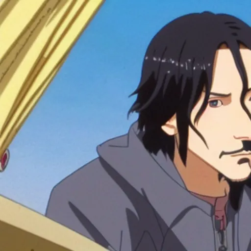 Prompt: portrait of keanu reeves in an anime world, promotional image, studio ghibli, movie still