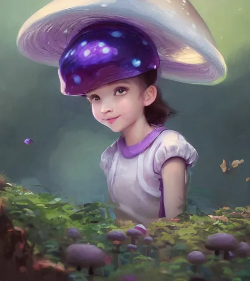 Prompt: a beautiful little girl wearing a mushroom hat sitting | | cute - fine - subtle smile, curved purple hair, face, pretty face, fine details by stanley artgerm lau, wlop, rossdraws, james jean, andrei riabovitchev, marc simonetti, and sakimichan, trending on artstation