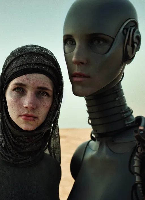 Image similar to cinestill 5 0 d photographic portrait by steve mccurry of two loving female androids wearing rugged black mesh techwear on a desolate plain of existence, extreme closeup, cyberpunk style, dust storm, 8 k, hd, high resolution, 3 5 mm, f / 3 2, ultra realistic faces, ex machina