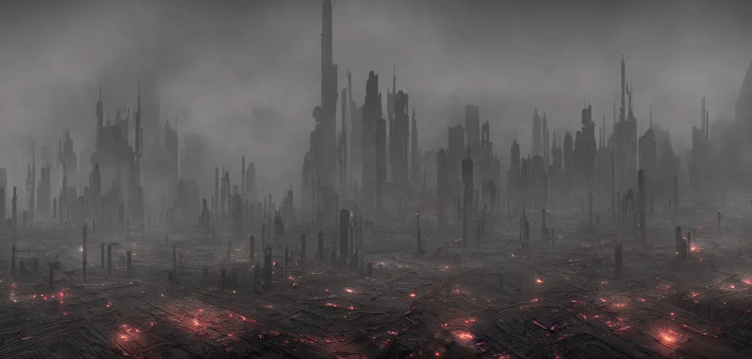 Image similar to city polluted industrial alien landscape, smoke, soot, cinematic, detailed, epic, widescreen, opening, establishing, mattepainting, photorealistic, realistic textures, octane render, hr giger and vincent di fate, vivid color scheme, featured in artstation, octane render, cinematic, elegant, intricate, 8 k