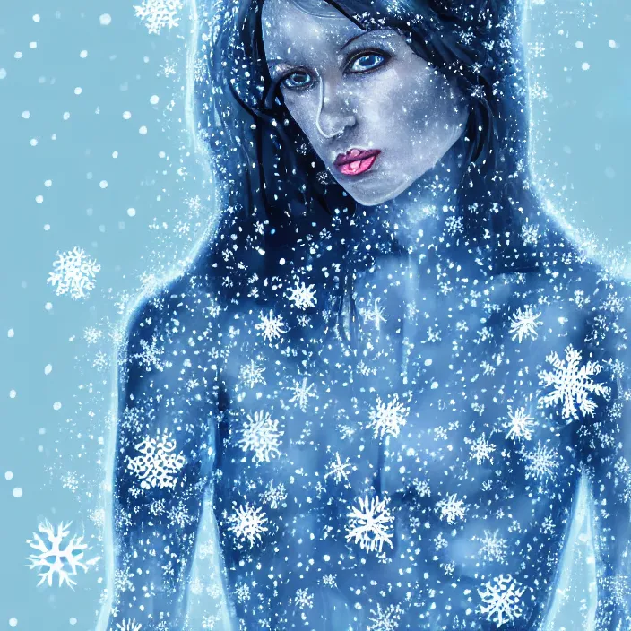 Prompt: a woman wearing a highneck dress made out of snowflakes. she is sickly looking and dying of hypothermia. very pale and blue lips. full body digital portrait by maromi sagi