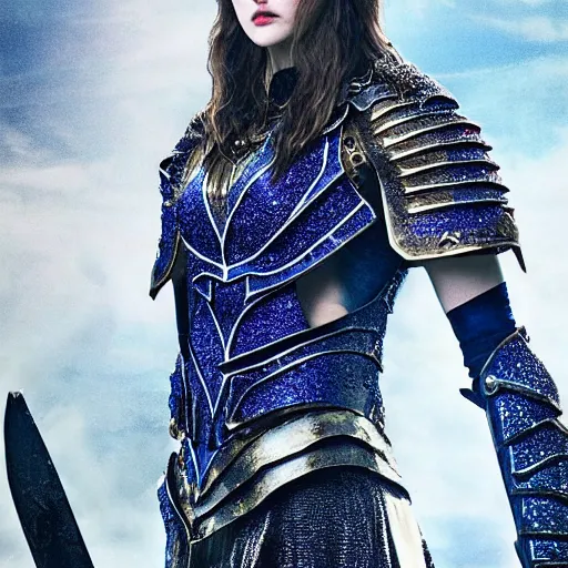 Prompt: full shot photo of alexandra daddario as a warrior with sapphire encrusted armour