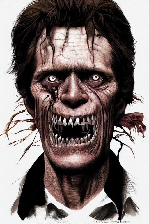 Image similar to willem dafoe in sleepy hollow, full body, big two toned eyes, teeth gritted, horror, intricate details, cinematic, epic, realistic, anatomy, tomer hanuka, uplight, artstation, photorealistic, scary