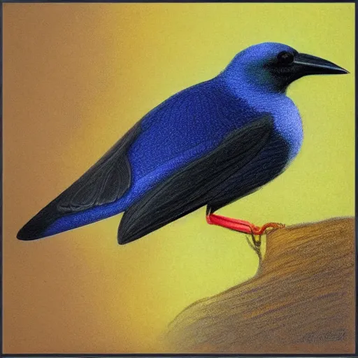 Image similar to a colored pencil drawing of a cap glossy starling with a yellow eye by natalia rojas and ana maria martinez jaramillo, pastel color, gradient black and blue plumage, wingspan, highly detailed, realistic graphite, artstation, 4 k, realism, photorealism, fine art