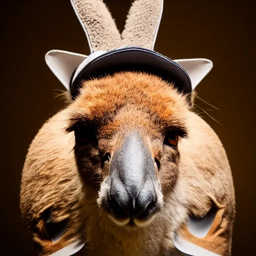 Image similar to a photo of a buff kangaroo wearing a safari hat and vest, studio photography, 8 k