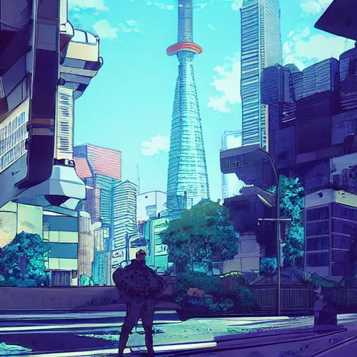 Image similar to “arasaka tower grounds being patrolled by mechs. Anime background art in the style of Akira. HD hyperrealistic 8K photomode.”