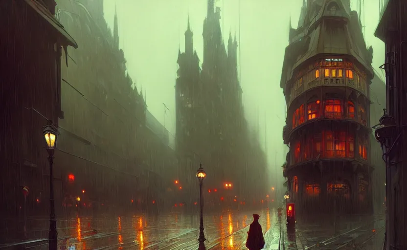 Image similar to an old victorian city with rainy atmosphere and moody and cinematic lighting by alphonse mucha, simon stalenhag and darek zabrocki, cinematic and atmospheric, concept art, artstation, trending on artstation