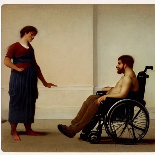 Image similar to a male patient in a wheelchair in the hospital with his wife and son standing by. happy, cheerful, intricate, sharp focus, artstation, cinematic, 8 k, by william adolphe bouguereau