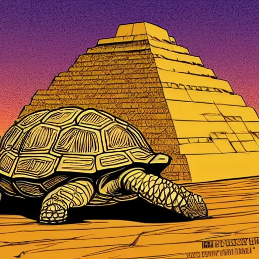 Image similar to gigantic colossal tortoise in the desert on its back pyramid ziggurat highly detailed concept art schematic, Laurie Greasley