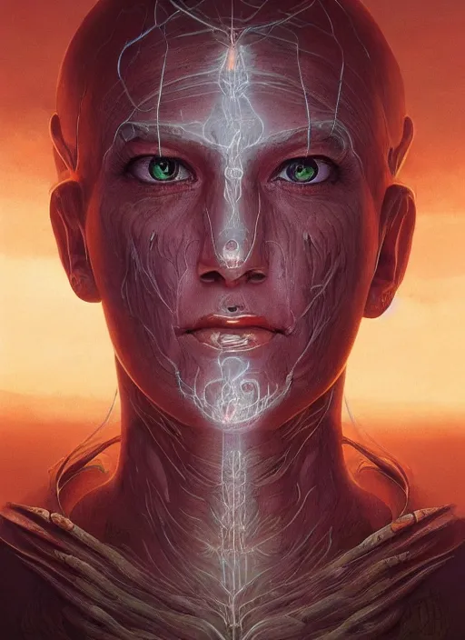 Prompt: biblical female druid android, pattern on skin, glowing veins, in clouds, sunset, portrait by wayne barlowe, by peter elson, by anato finnstark, studio lighting, muted colors, by frank frazetta, extreme detail, reflections, trending on artstation, 8 k