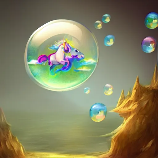 Prompt: A unicorn in the shape of a bubble floating in the air, mystical fantasy, concept art