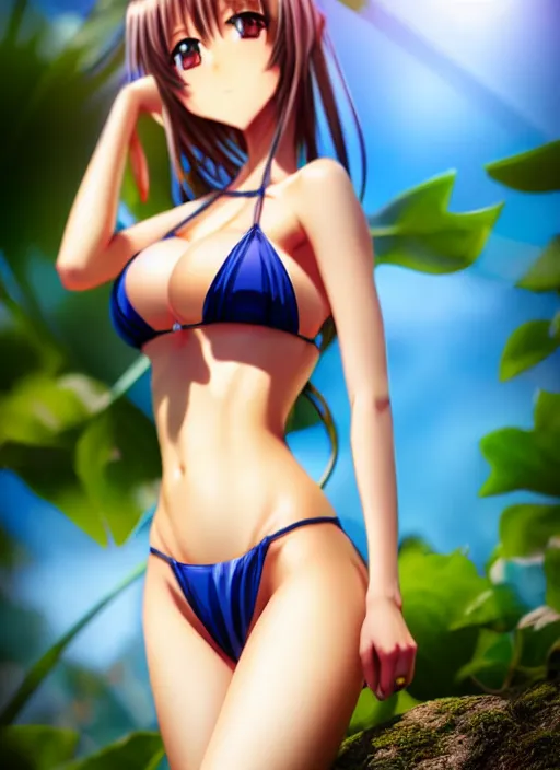 Image similar to photo of a gorgeous anime girl in bikini in the style of stefan kostic, realistic, half body shot, sharp focus, 8 k high definition, insanely detailed, intricate, elegant, art by stanley lau and artgerm, extreme bokeh foliage