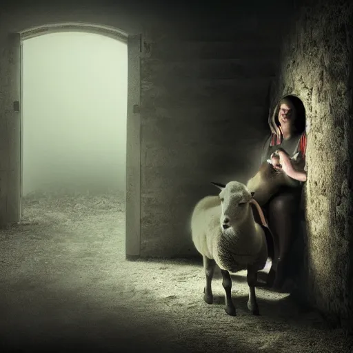 Image similar to a woman nursing a lamb in a barn, dimly lit, night, two red eyes stare at her from the shadows, uhd, 8 k, digital art, award winning,