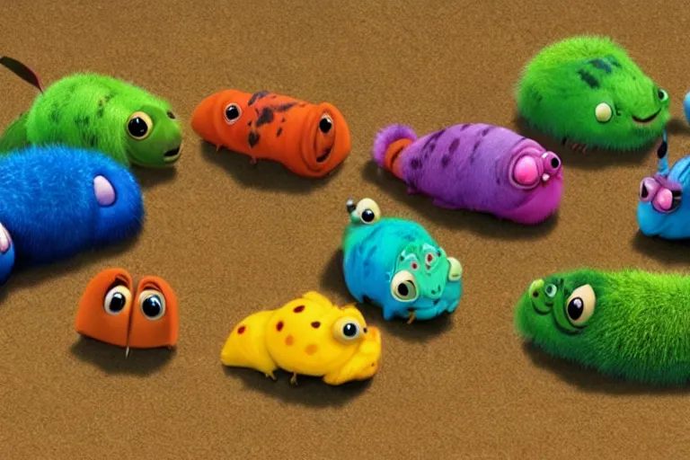 Image similar to disney pixar's a bug's life, cgi caterpillar colorful, furry caterpillar