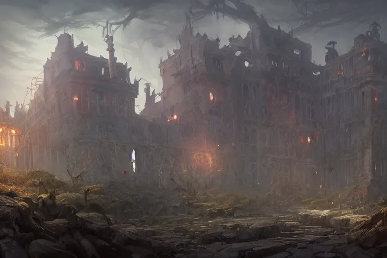 Prompt: breakout at an asylum for the undead, mesmerizing, fantastical, concept art, highly detailed, artstation, trending, feng zhu, shaddy safadi, noah bradley, tyler edlin, jordan grimmer, darek zabrocki, neil blevins, tuomas korpi