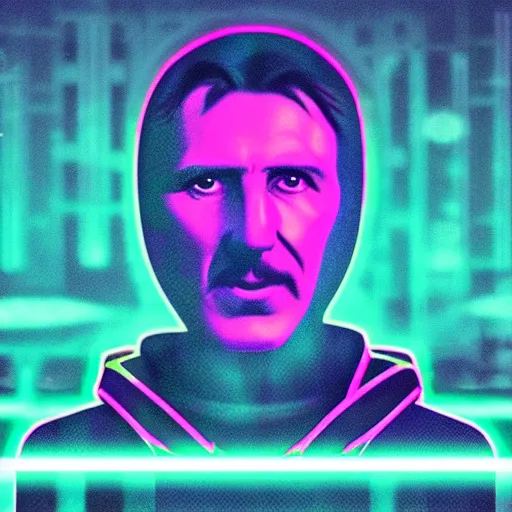 Prompt: nikola tesla in hoodie, thin, portrait, vaporwave, synthwave, neon, vector graphics, cinematic, volumetric lighting, f 8 aperture, cinematic eastman 5 3 8 4 film, photorealistic